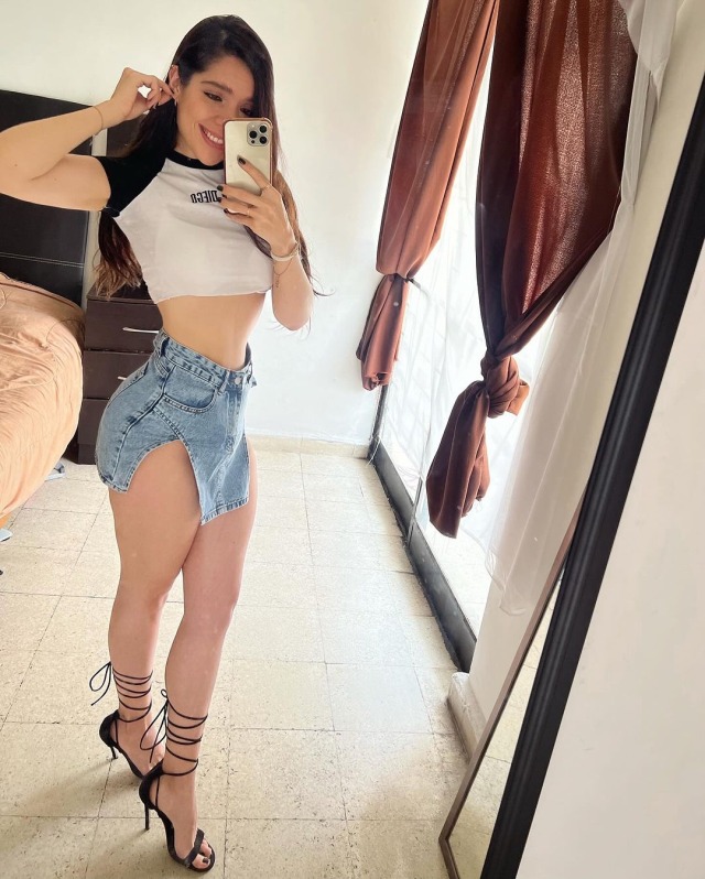 Tshirt, denim mini skirt, and high heels