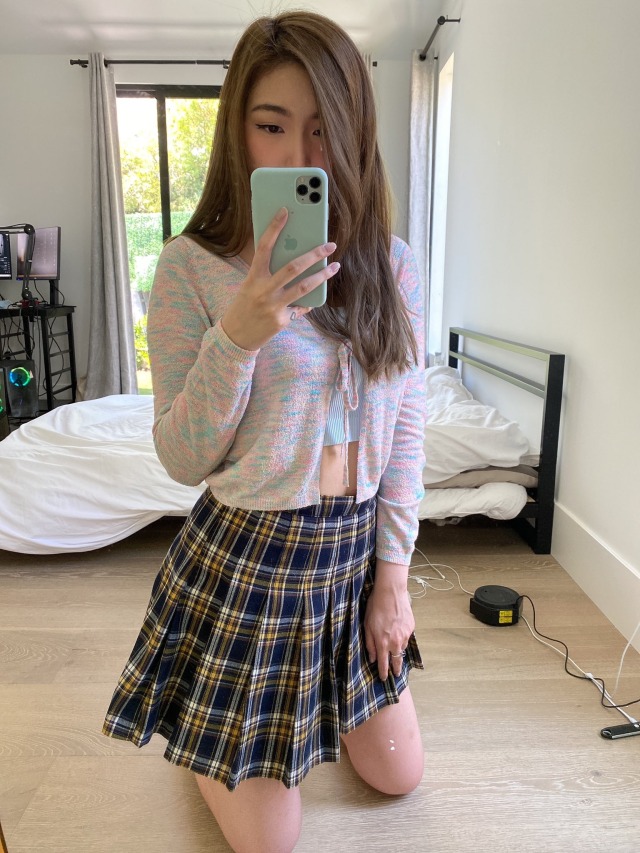 Xchocobars taking a selfie in a cute plaid skirt